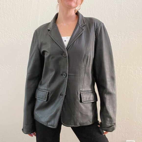 Vintage 1990's Black 100% Leather Button Up Blazer Style Jacket - Picture 5 of 6